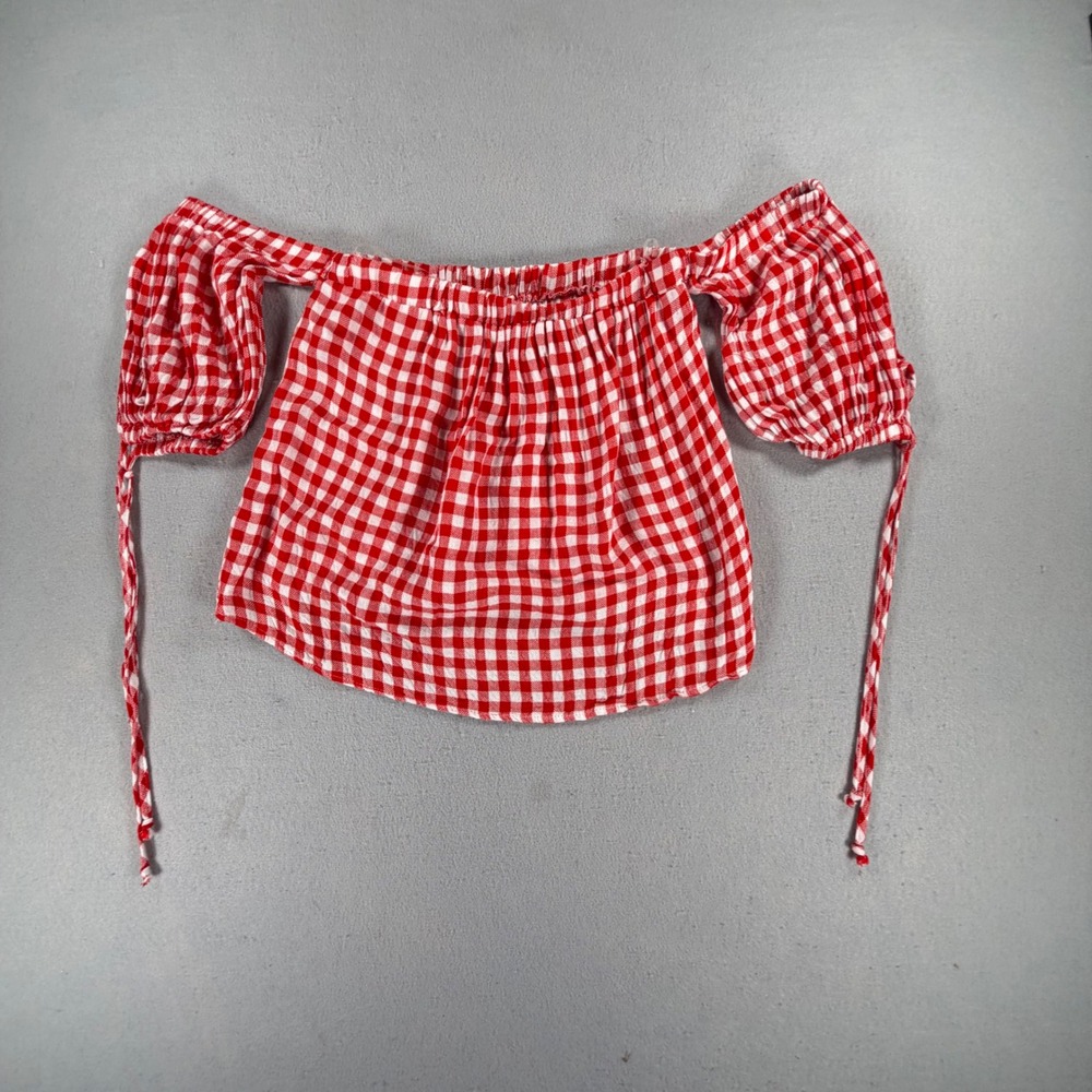 RL Red Gingham Off The Shoulder Crop Top Size S Puff Sleeve Cottagecore Picnic